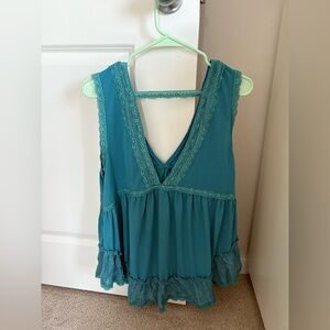 POL Teal Lace-Trim Sleeveless V-Neck Top